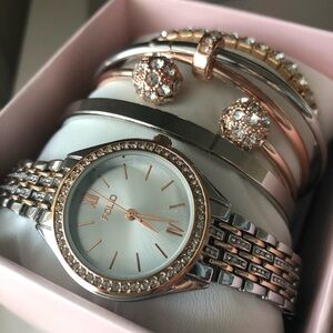 Rose Gold and Silver Women's Watch and Bracelet Set